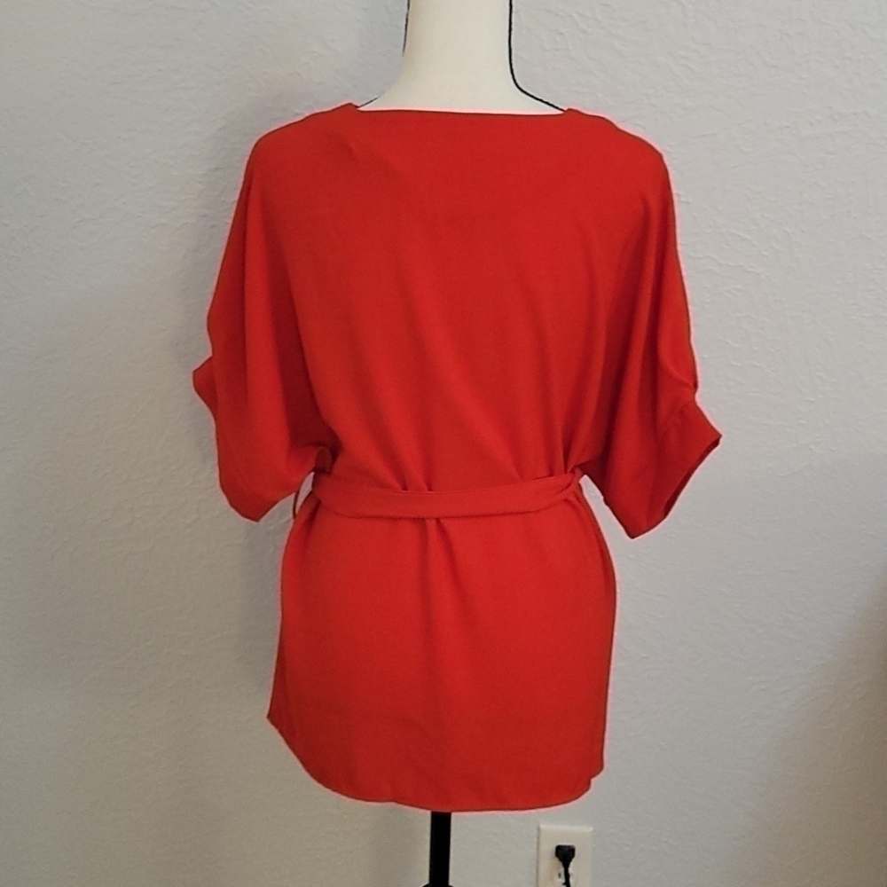 Tomato Red Short Sleeve Tie-Waist Belted Maxi Blouse - Picture 3 of 6